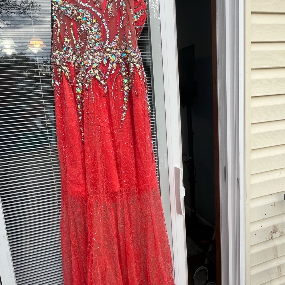 JVN Coral Red Beaded Lace Evening Dress - Picture 2 of 3